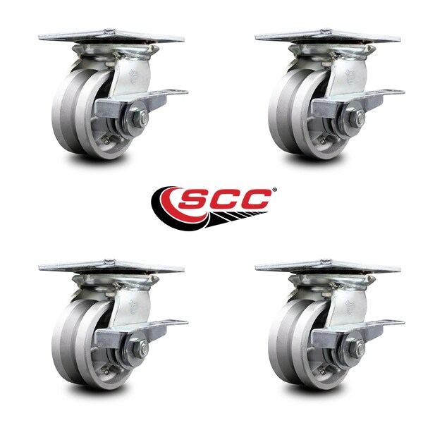 4 Inch Heavy Duty V Groove Semi Steel Caster Set With Ball Bearings And Brakes